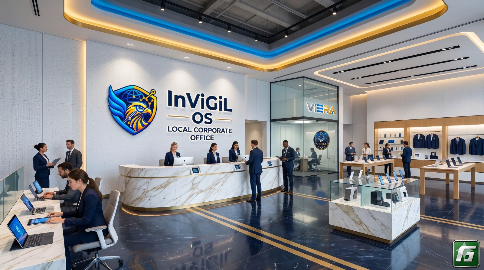 Reception and customer lobby of an InViGiL OS office with a ViERA room